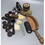 A quantity of collectables including ivory aide memoires, a circular quill box, etc.