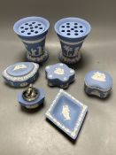 A pair of Wedgwood pale blue jasper flower vases and five other pieces