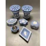 A pair of Wedgwood pale blue jasper flower vases and five other pieces