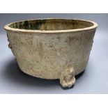 A Chinese Han dynasty green glaze pottery tripod vessel, ding, diameter 27cm