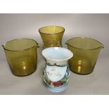 A Bohemian amber flash cut beaker vase, a pair of amber wine glass coolers, 10cm high and a floral
