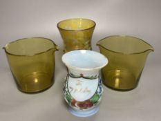 A Bohemian amber flash cut beaker vase, a pair of amber wine glass coolers, 10cm high and a floral