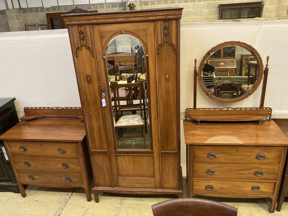 An Edwardian satin walnut three piece bedroom suite, wardrobe width 96cm, depth 43cm, height 196cm