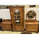 An Edwardian satin walnut three piece bedroom suite, wardrobe width 96cm, depth 43cm, height 196cm