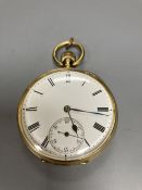 An Edwardian 18ct gold open face keywind lever pocket watch, the case back with engraved monogram,