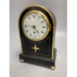 An early 19th century Desbois and Wheeler mahogany mantel timepiece, ebonised case with brass