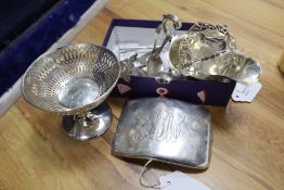 A Sterling silver cigarette case, a sauce boat and sundry silver, including a small pierced shaped
