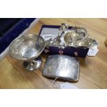 A Sterling silver cigarette case, a sauce boat and sundry silver, including a small pierced shaped