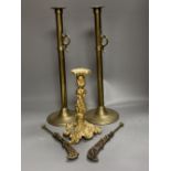 An 18th century French ormolu candlestick, 25cm, a pair of 19th century tubular brass ejector