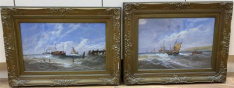 English School (19th century), fishing boats in choppy seas off the coast and companion piece, oil