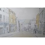 Robin Johnson, a stipple pencil and watercolour wash drawing of School Hill, Lewes as in 1905,