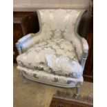 A Louis XV style grey and cream painted carved wood fauteuil, width 75cm, height 86cm