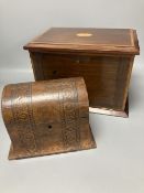 An Edwardian inlaid mahogany writing box, with hinged folding slope and fittings, 29cm, and a