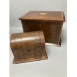 An Edwardian inlaid mahogany writing box, with hinged folding slope and fittings, 29cm, and a