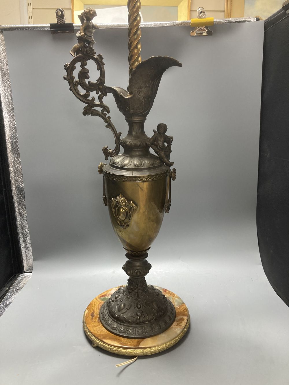 A table lamp in the form of a Renaissance style brass and spelter ewer, 72cm excl. light fitting