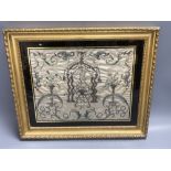 A Regency silk panel, embroidered with a bird cage and scrolling flowers and foliage, framed, 29 x