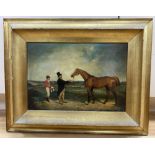 English School, oil on canvas, Jockey, owner and horse in a landscape, 24 x 34cm