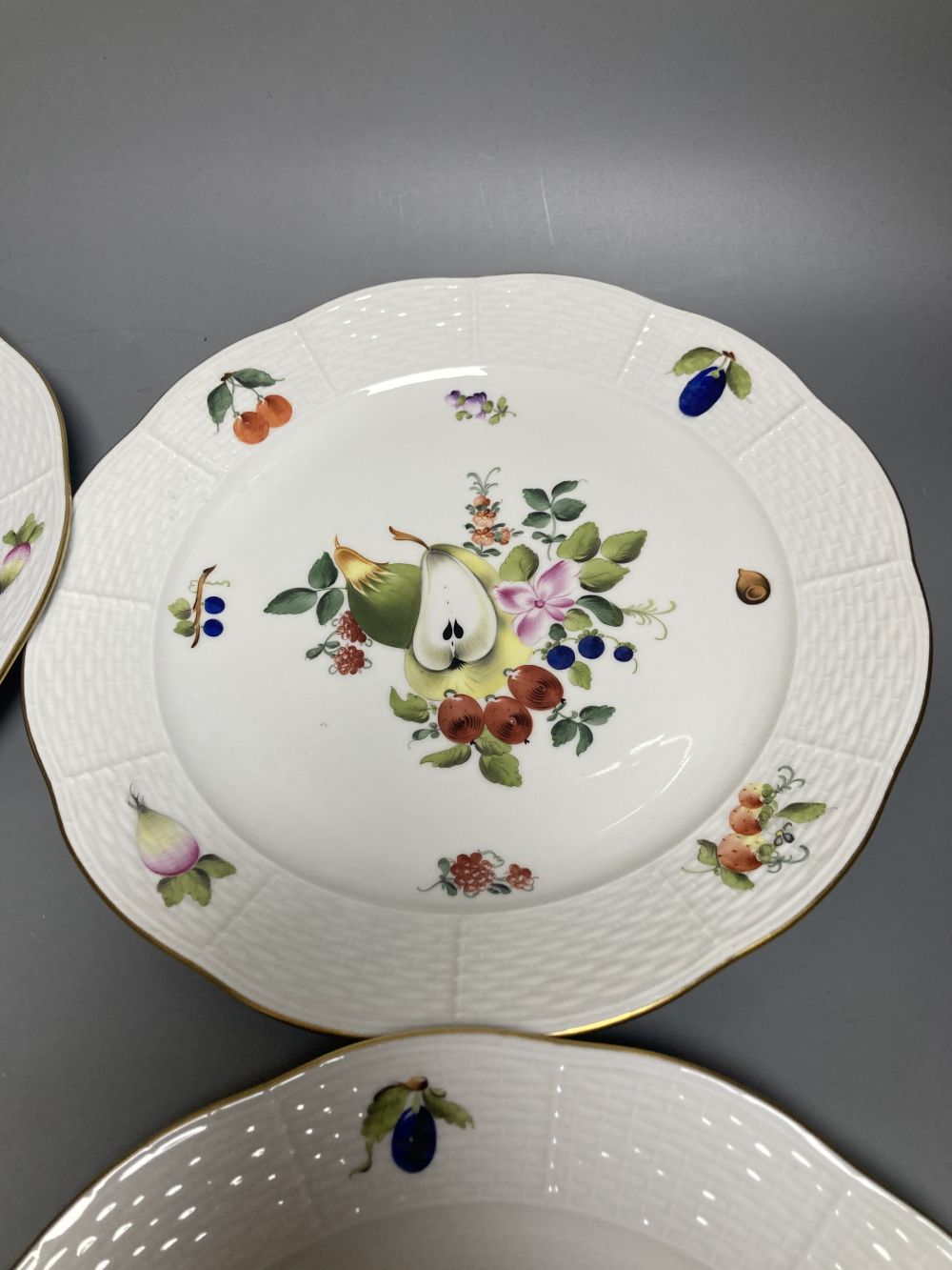 A set of four Herend Meissen style floral painted dessert dishes, diameter 25.5cm - Image 5 of 5