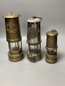 Three brass and chrome miner's lamps, 25cm high