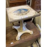 A Regency style square topped table, painted with a classical scene, width 38cm, height 46cm