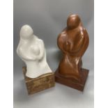 After Henry Moore, two related figural sculptures in wood and plaster, 31cm, white composition,