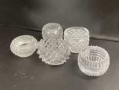 Five 19th century heavy cut glass salts, diameter 7.5 - 9.5cmCONDITION: Andrew Rudebeck collection.