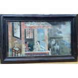 19th century Chinese School, reverse painted glass panel, Figures on a balcony, 24 x 45cm,
