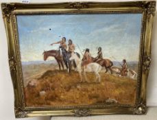 Kronstad, a group of Native American plains tribesmen on horseback, signed, oil on canvas, 39.5cm