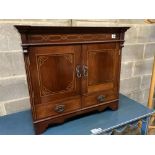 An Edwardian inlaid mahogany two door wall cabinet, width 72cm, depth 22cm, height 65cm