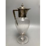 An Edwardian engraved silver mounted inverted pear shaped pedestal glass claret jug, Atkin Brothers,