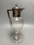 An Edwardian engraved silver mounted inverted pear shaped pedestal glass claret jug, Atkin Brothers,