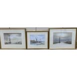 Alan Whitehead, three watercolours, Brick Wharves near Milton, Funton Moorings and Evening by the