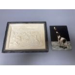 A Neapolitan pietra dura plaque, depicting a dog and a butterfly, 13 x 9cm and a moulded composition