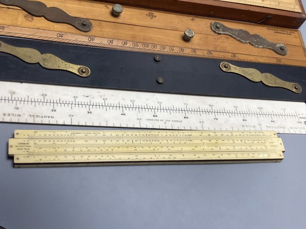 A cased W H Harling parallel rule, two sliding rules and three further rules - Image 2 of 3