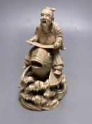 A fine Japanese ivory okimono of kinko riding a carp, 19th century, signed Ichyosen Naohide,