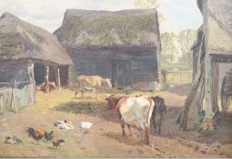 Charles Collins (1851-1921) oil on canvas, Cows, ducks and chickens in a farmyard, signed and