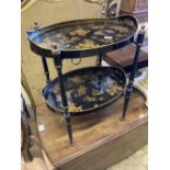 A black and gold japanned two tier toleware tray table, width 48cm, depth 36cm, height 57cm