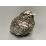 A late Victorian novelty silver pepperette, modelled as a chick, Thomas Johnson II, London, 1881,