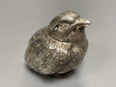 A late Victorian novelty silver pepperette, modelled as a chick, Thomas Johnson II, London, 1881,