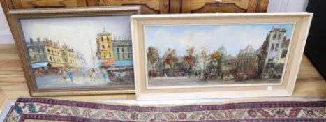 Theodorus van Oorschot, oil on canvas, Town scene, signed, 38 x 78cm and a French street scene by