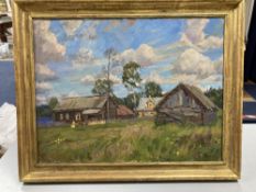 Russian Schooloil on canvas,Farmstead in Summer,inscribed and dated (19) 93,50 x 65cm