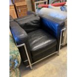 A pair of Le Corbusier style leather and chrome chairs, width 76cm, depth 70cm, height 65cm