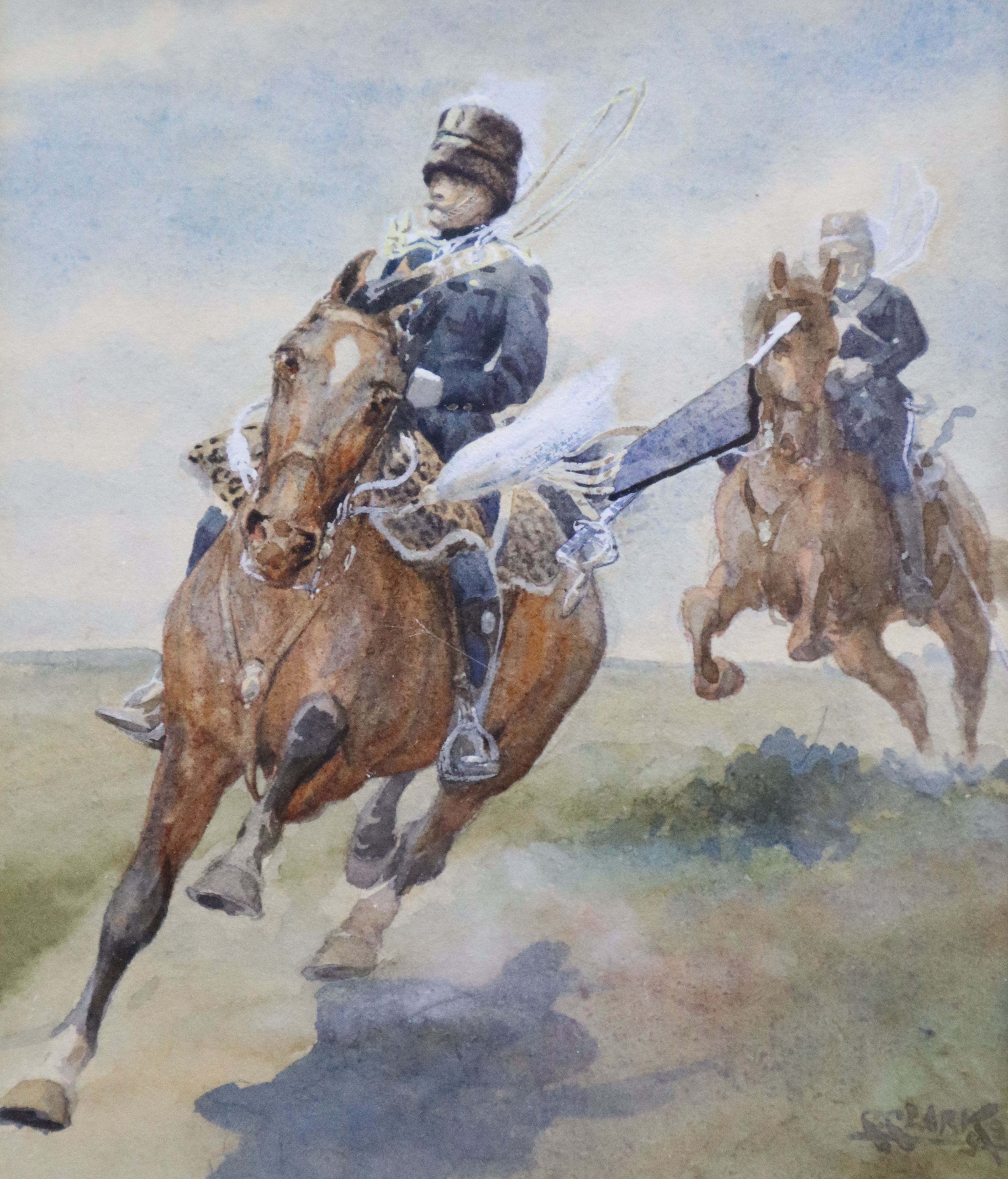 George Clark (1832-1894), pair watercolours, Hussars on horseback, signed - Image 2 of 3