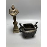 A Chinese bronze censor and a Buddhist figural stoop, stoop, 23cm high