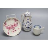 A Tournai covered jug and a similar coffee cup, c.1770 and a similar Zurich puce saucer, c.1775 (4),