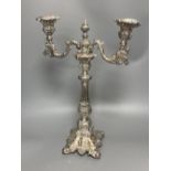 A silver plated twin light candelabrum, rococo style, hollow construction, 41cm high