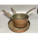 Two copper saucepans and two copper shallow pans, broadest 26cm