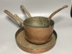 Two copper saucepans and two copper shallow pans, broadest 26cm