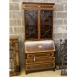 An Edwardian satinwood banded and inlaid mahogany bureau bookcase, width 92cm, depth 44cm, height