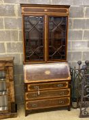 An Edwardian satinwood banded and inlaid mahogany bureau bookcase, width 92cm, depth 44cm, height